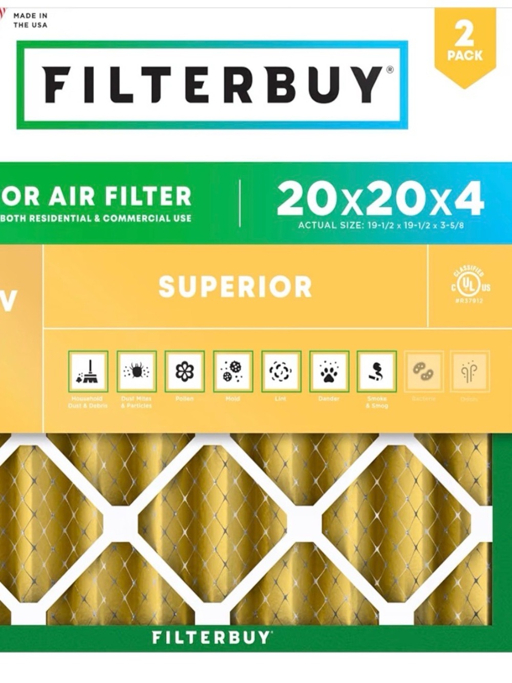 FILTERBUY Superior 20x20x4 Air Filter - Gold/White